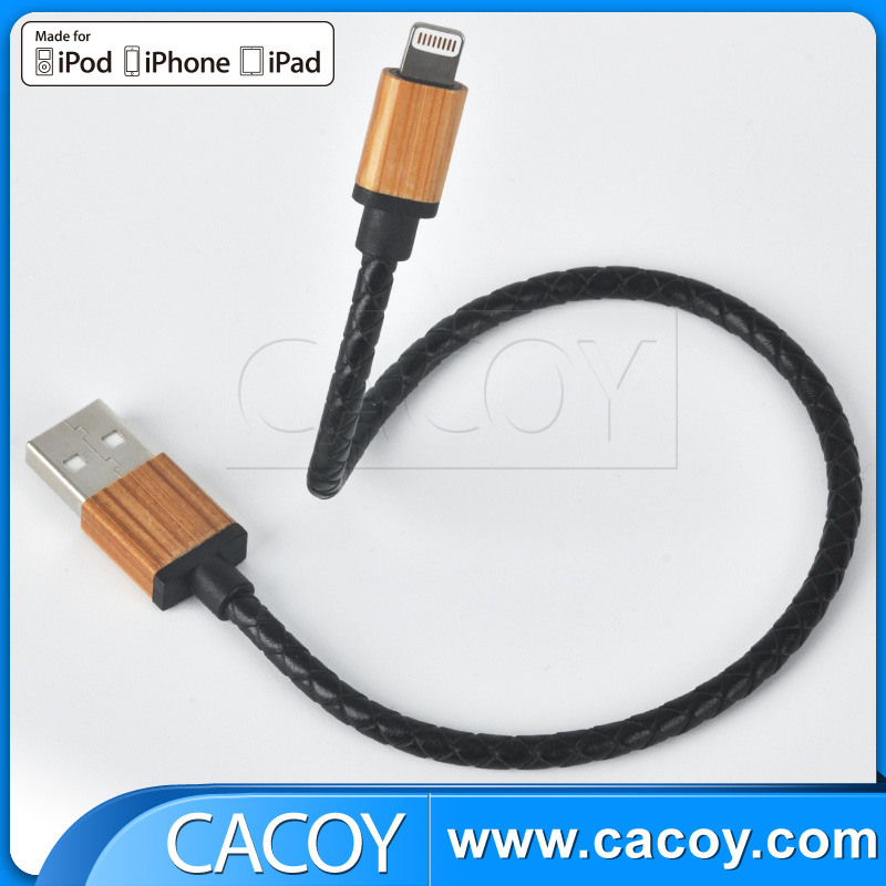 MFi black PU Leather Braided iPhone Cable with Wooden Connector.